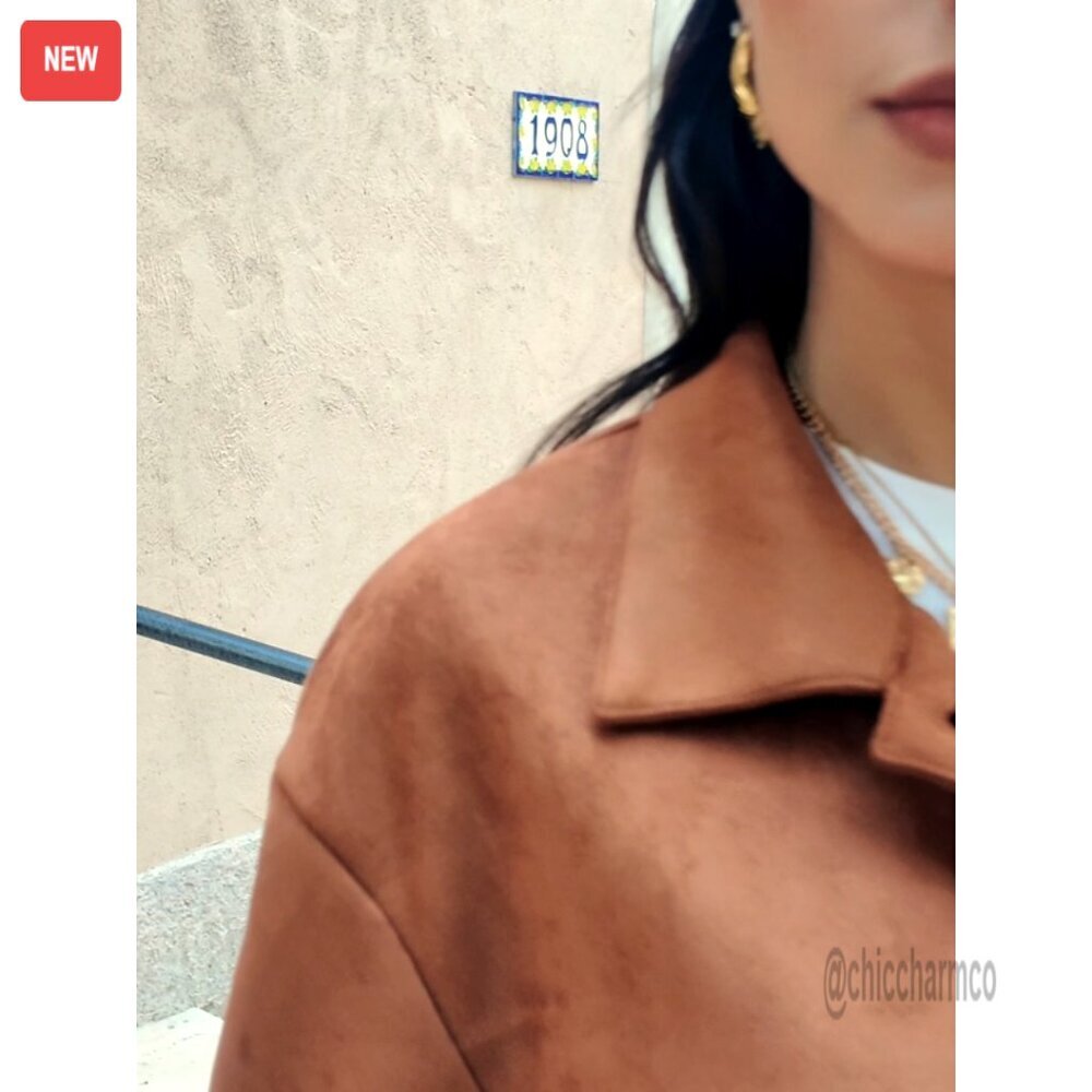 Cropped Faux Suede Jacket Lapel Collar Button Down Casual Vintage Shacket - Picture 6 of 6